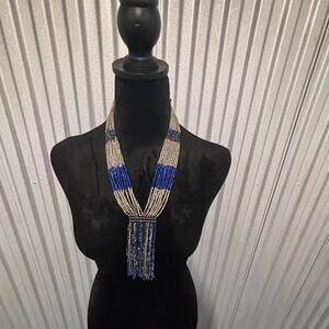 Himalayan Gems Beaded Fringe Necklace Blue Silver Statement Jewelry